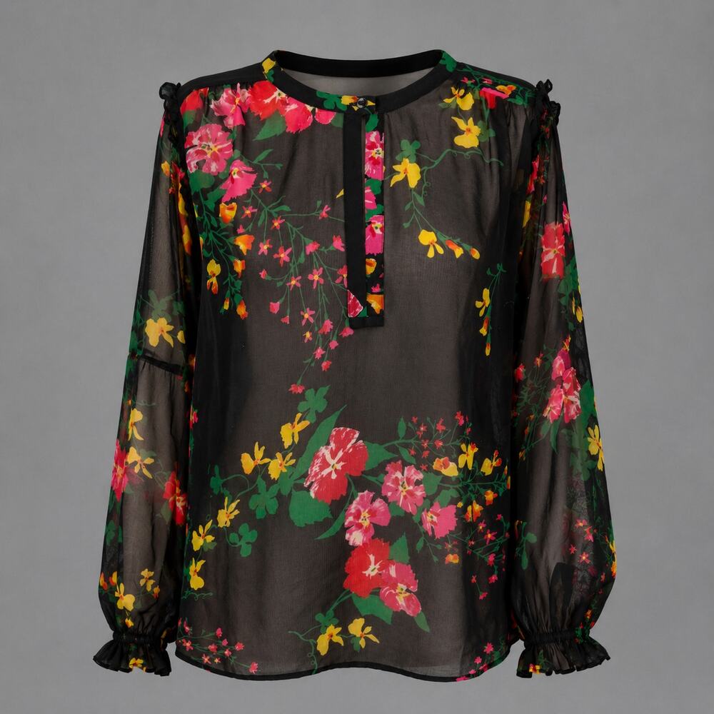 Cabi Woman Medium Thespian Black‎ Floral Sheer Ruffle Trim Blouse.